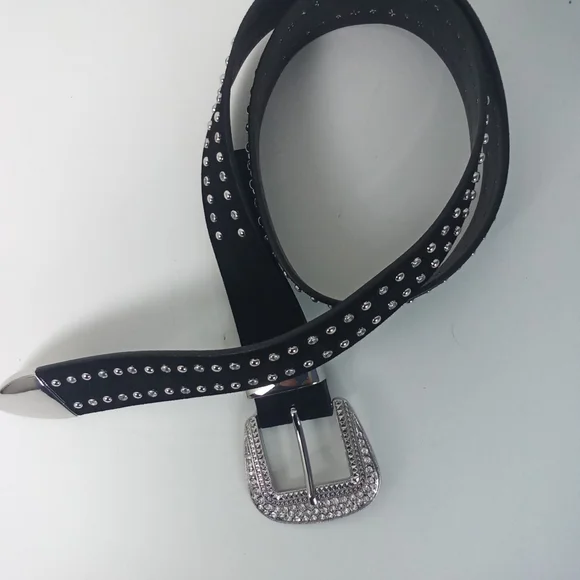 Anthropologie Rhinestone Studded Black Leather Belt Silver Accents Western NWOT - Picture 5 of 10